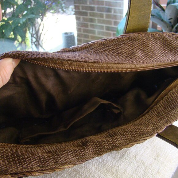 Woven taupe straw wooden handles hand bag summer purse - Picture 5 of 6